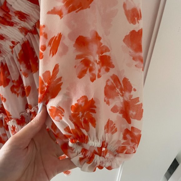 Misa Los Angeles Lorena Blouson Mini Dress Medium Orange Floral Print V-neck - Picture 9 of 13